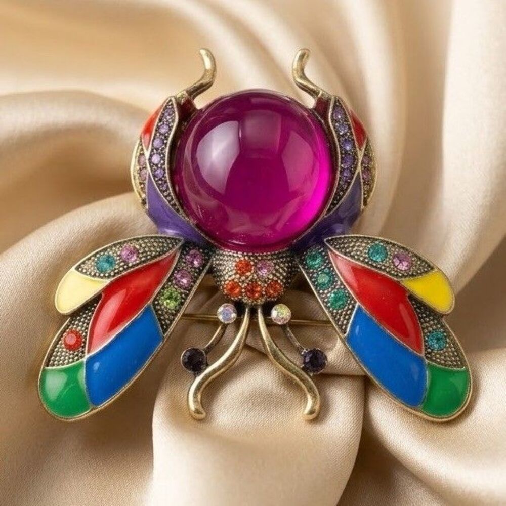 VTG Style Egyptian Revival Scarab Beetle Brooch Runway Statement Cabochon Pin